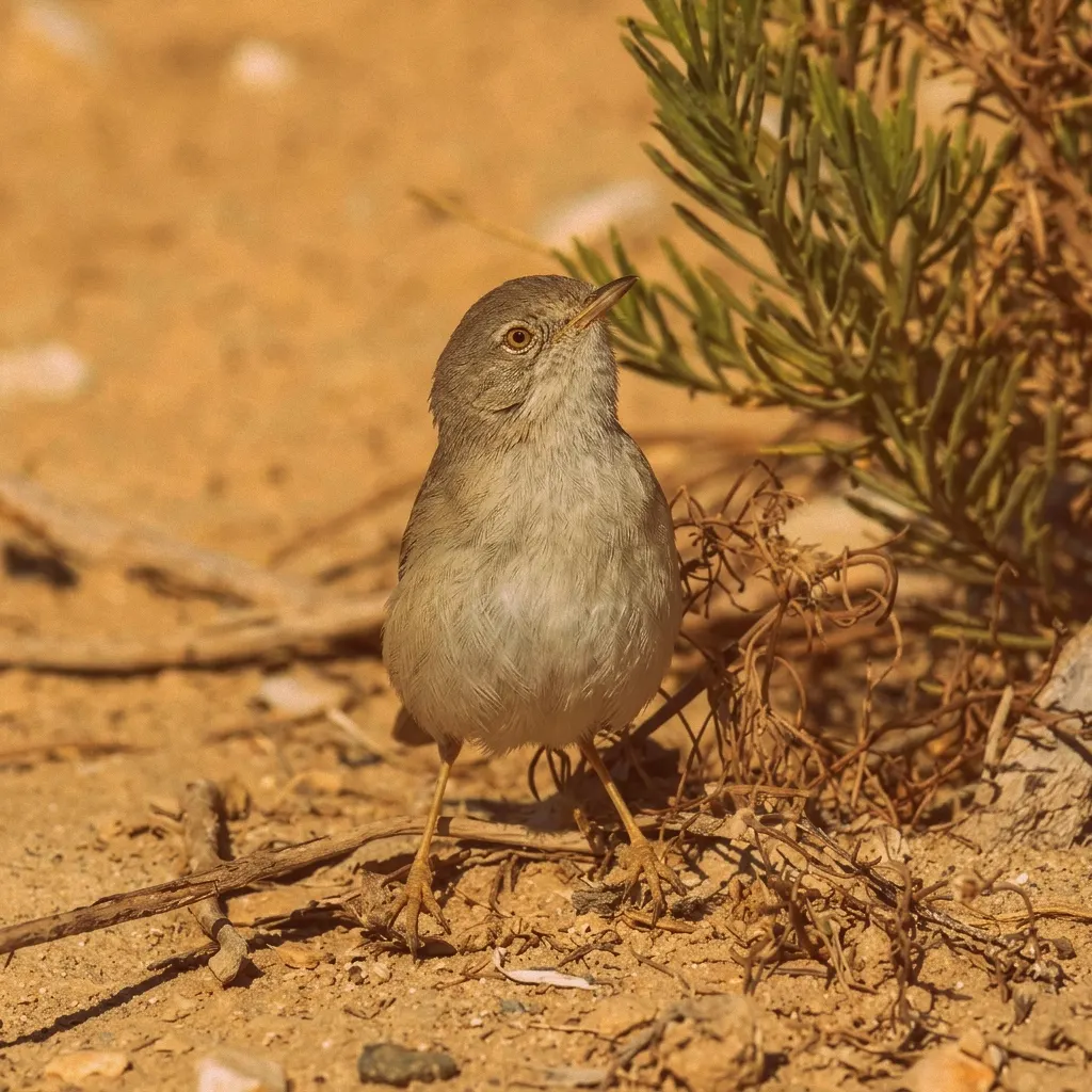 Small brown slender-billed desert bird beside a shrub in sandy habitat